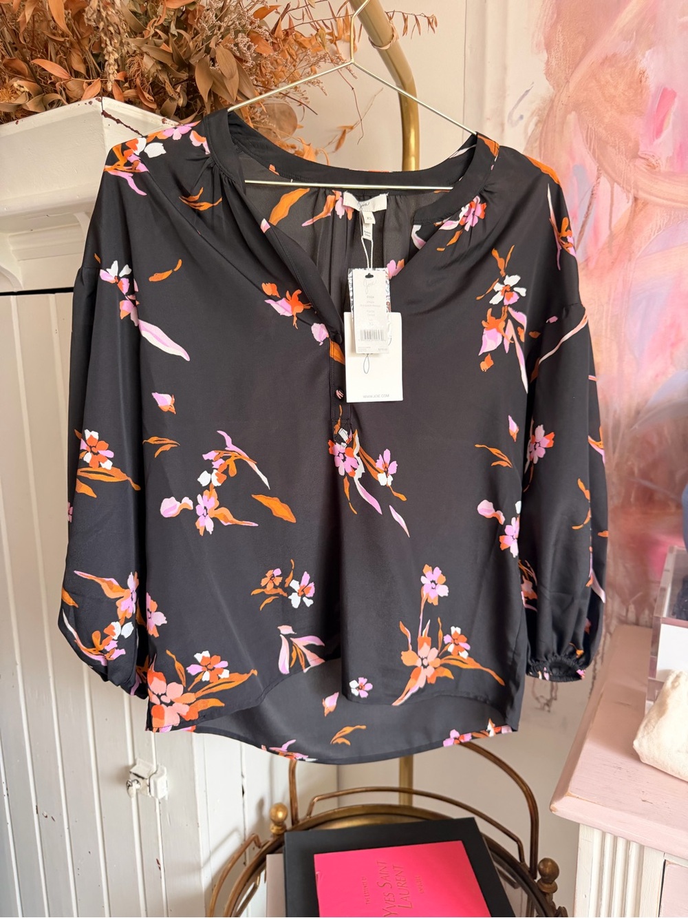 Joie Black Blouse with Pink & Orange Floral Print